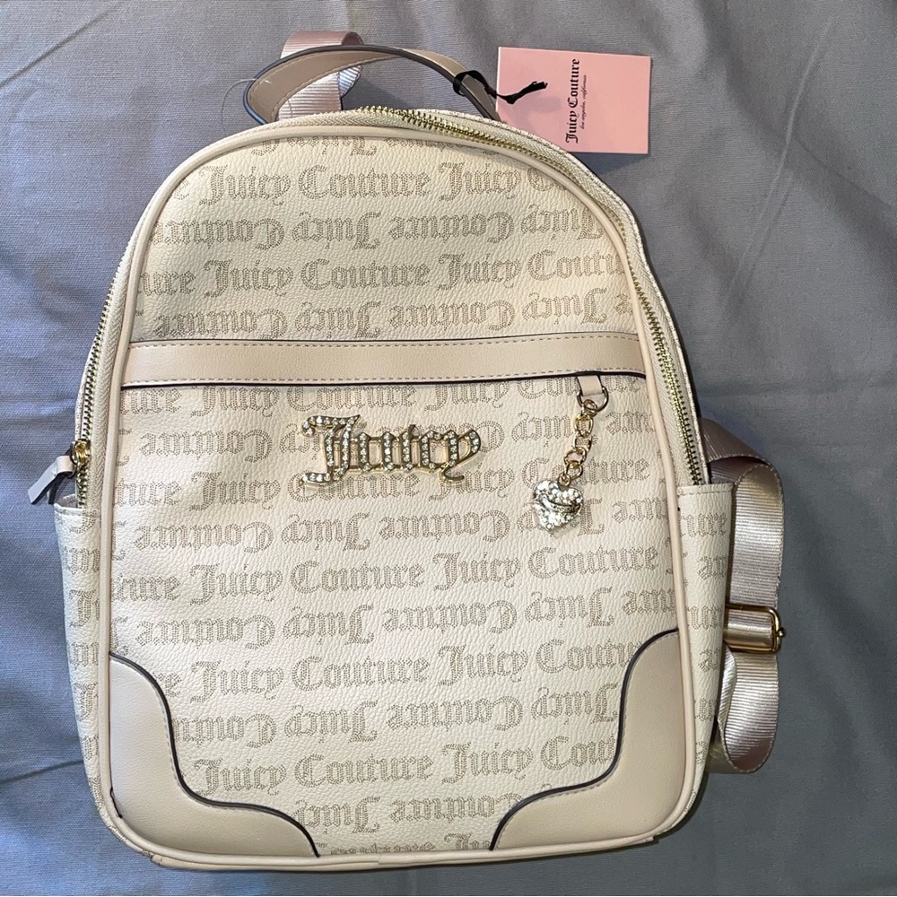 Juicy Couture Logo Backpack Sandstone Heartless Bag Gold Heart Rhinestone Charm